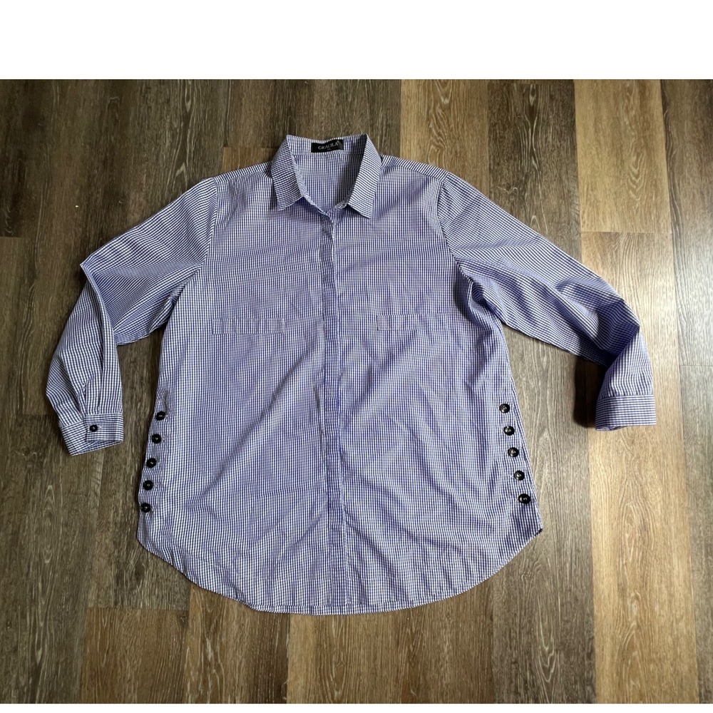 Gracila Button Down Shirt Women 5XL Blue Gingham Side Button Detail Long Sleeve